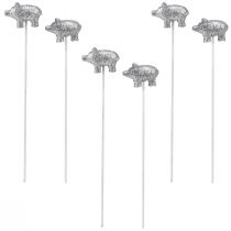 Product Lucky pig New Year's Eve lucky charm on a stick silver 3cm 6pcs