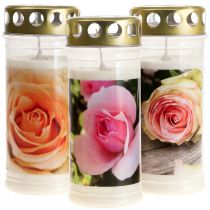 Grave candles with roses Grave decorations Ø7cm H16cm 3 pieces