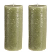Product Set of 2 large olive green pillar candles, decorative candles for table decoration & home ambience, 85x200mm, long burning time