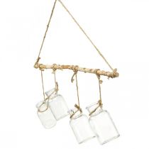 Product Wooden window decoration with hanging glass vases for flower arrangements