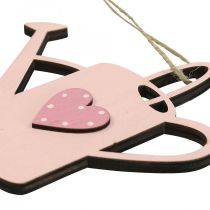 Hanging decoration wooden watering can deco pink deco hanger 14x12cm 6pcs