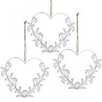 Decorative heart to hang vintage dandelion metal white 17.5cm 3pcs