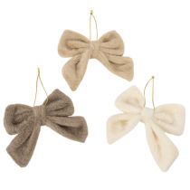 Product Plush Hanging Decoration Bows with String 16cm Set of 3 in Brown, Beige, and Cream