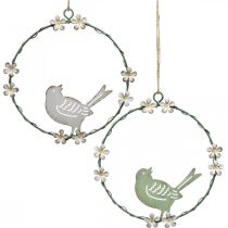 Wreath with bird, metal decoration for hanging, spring white / green Ø14.5cm set of 2