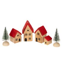 Product Wooden Decorative House Set with Red Roofs and Trees - 12cm, 6-Piece