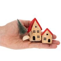Product Wooden Decorative House Set with Red Roofs and Green Trees, 12cm, 6 Pieces