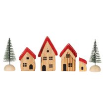 Product Wooden Decorative House Set with Red Roofs and Green Trees, 12cm, 6 Pieces