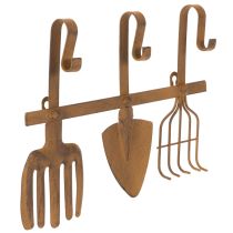 Product Hook rail for garden tools, garden decorations, rake, spade, and hoe; metal coat rack made of rusted metal, L33.5cm