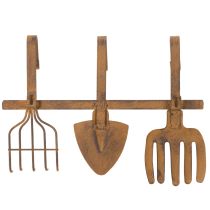 Product Hook rail for garden tools, garden decorations, rake, spade, and hoe; metal coat rack made of rusted metal, L33.5cm