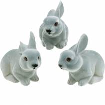 Decorative figure bunny gray, spring decoration, easter bunny sitting flocked 3pcs