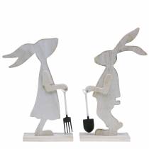 Bunny with garden tools white wood H28 / 30.5cm set of 2