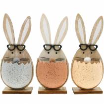 Product Wooden rabbit in an egg, spring decoration, rabbits with glasses, Easter bunnies 3pcs