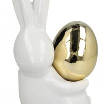 Product Easter bunnies elegant, ceramic bunnies with gold egg, Easter decoration white, golden H18cm 2pcs