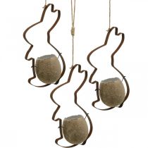 Rabbit decoration for hanging, metal rabbit with egg, eggshell for planting patina 3 pieces