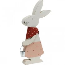 Bunny girl, spring decoration, wooden bunny with a bucket, Easter bunny