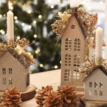 Product Metal Decorative House with Windows and Chimney 28cm Beige and Grey