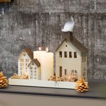 Product Metal Decorative House with Chimney and Windows, 24cm, Beige and Grey