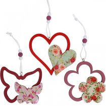Spring pendant, butterfly heart flower, wooden decoration with flower pattern H8.5/9/7.5cm 6pcs