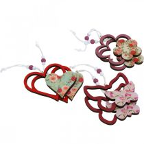 Product Spring pendant, butterfly heart flower, wooden decoration with floral pattern H8.5/9/7.5cm 6 pcs