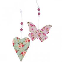 Pendant with floral pattern, heart and butterfly, spring decoration for hanging H11.5/8.5cm 4pcs