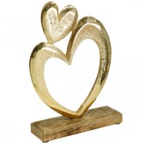Metal heart golden, decorative heart on mango wood, table decoration, double heart, Valentine&#39;s Day