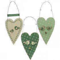 Heart to hang, wooden decoration with birds, door decoration, spring green, yellow H22cm set of 3