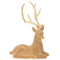 Product Flocked Lying Stag Decoration with Gold Antlers, 58cm, Light Brown