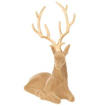 Product Flocked Lying Stag Decoration with Gold Antlers, 58cm, Light Brown