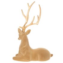 Product Flocked Lying Stag Decoration with Gold Antlers, 58cm, Light Brown