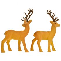 Product Deer deco reindeer yellow brown flocked H20.5cm set of 2