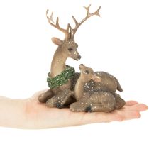 Product Deer Family Figurine with Snow, Plastic, 17cm, Brown-Green-White, Indoor Winter Decoration