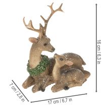 Product Deer Family Figurine with Snow, Plastic, 17cm, Brown-Green-White, Indoor Winter Decoration