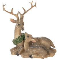 Product Deer Family Figurine with Snow, Plastic, 17cm, Brown-Green-White, Indoor Winter Decoration