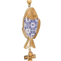 Product Wooden fish for hanging bell natural blue white H46cm