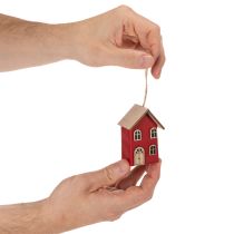 Product Set of 6 Hanging Wooden Houses, Scandinavian Style, Red/Natural, 7cm