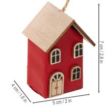 Product Set of 6 Hanging Wooden Houses, Scandinavian Style, Red/Natural, 7cm