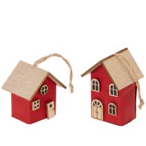 Product Set of 6 Hanging Wooden Houses, Scandinavian Style, Red/Natural, 7cm