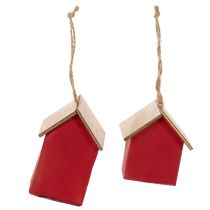 Product Set of 6 Hanging Wooden Houses, Scandinavian Style, Red/Natural, 7cm