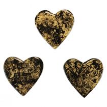 Wooden hearts decorative hearts black gold shine effect 4.5cm 8pcs
