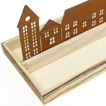 Product Decorative wooden tray rectangular with patina houses 50×17cm