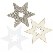 Product Scattered wood star natural, glitter, white 4cm assorted 72pcs