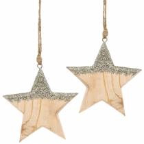 Product Hanging Decoration Glitter Star Wood 14,5cm 2pcs