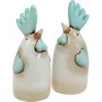 Product Ceramic Rooster Kitchen Deco Chicken White Blue Brown H14.5cm 2pcs