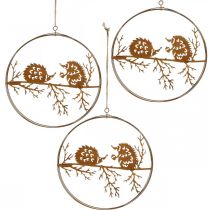 Metal pendant, hedgehog on branch, autumn decoration, decorative ring, stainless steel frame Ø15.5cm 3pcs