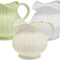 Decorative vase jug with handle ceramic green/white/cream H14.5cm 3pcs