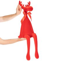 Product Red Flocked Sitting Reindeer Figurine with Bow 80cm
