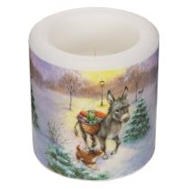 Product Winter Scene Pillar Candle with Donkey and Dog Motif, 10cm, White Wax