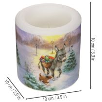 Product Winter Scene Pillar Candle with Donkey and Dog Motif, 10cm, White Wax