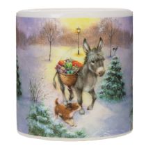 Product Winter Scene Pillar Candle with Donkey and Dog Motif, 10cm, White Wax