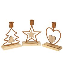 Product Candlestick candles star heart fir brown H16.5cm assorted 3pcs